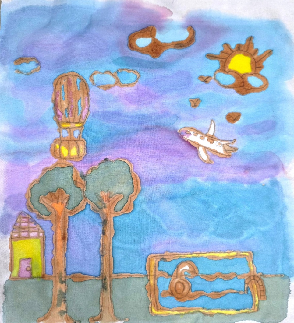 Student artwork featuring a hot air balloon, airplane, trees and sunset.